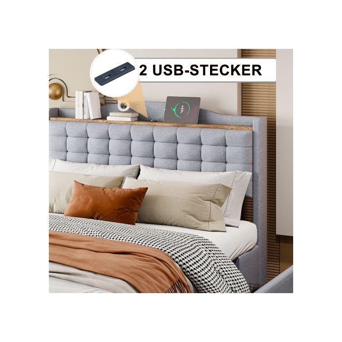 Lit capitonné - MUVOE - 140x200 cm - Tissu lin gris - 4 tiroirs - Port USB intégré