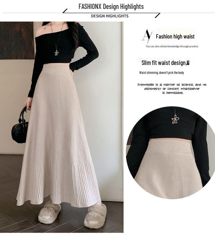 High Waist Autumn/Winter Pleated A-line Knit Skirt with Slimming Design