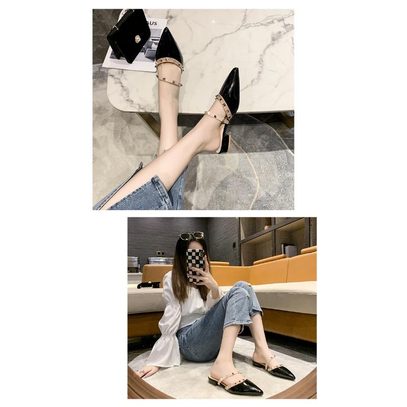 2025 New Riveted Semi-drag Thick-heeled Pointed Sandals for Women