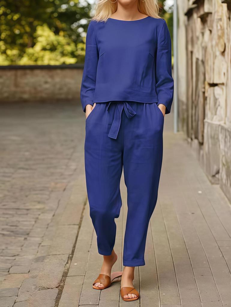 Women's Retro Linen Two-Piece Suit - Casual Spring/Summer Style with Elastic Waist and Drawstring