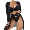 Women’s Solid Bathing Suit Three-Piece Bikini Set with Sheer Mesh Cover-Up, Sexy Beach Swimwear