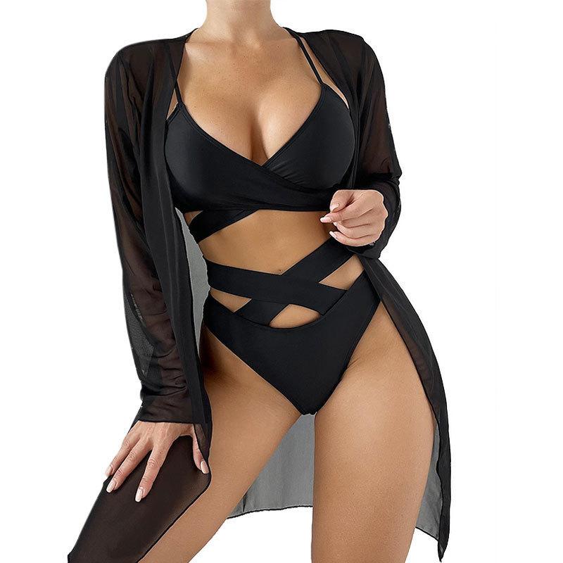 Women’s Solid Bathing Suit Three-Piece Bikini Set with Sheer Mesh Cover-Up, Sexy Beach Swimwear