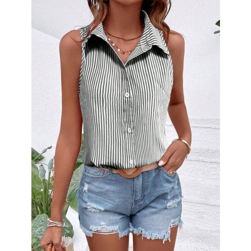 Camicia da Donna a Maniche Corte a Strisce Verdi e Bianche con Bottoni e Collo Top Casual Estivo