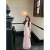 Vacation-Style French Design Pink Three-Dimensional Floral Strap Dress For Women, New Summer Waist-Cinching Slimming Long Dress