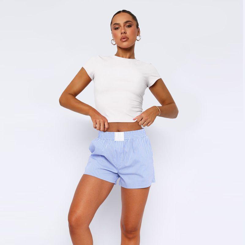 

Striped Patchwork Home Sleep Wear Shorts Stripes Patchwork Loungewear Pajama Shorts Shorts G25D1135-007# Sky Blue XL