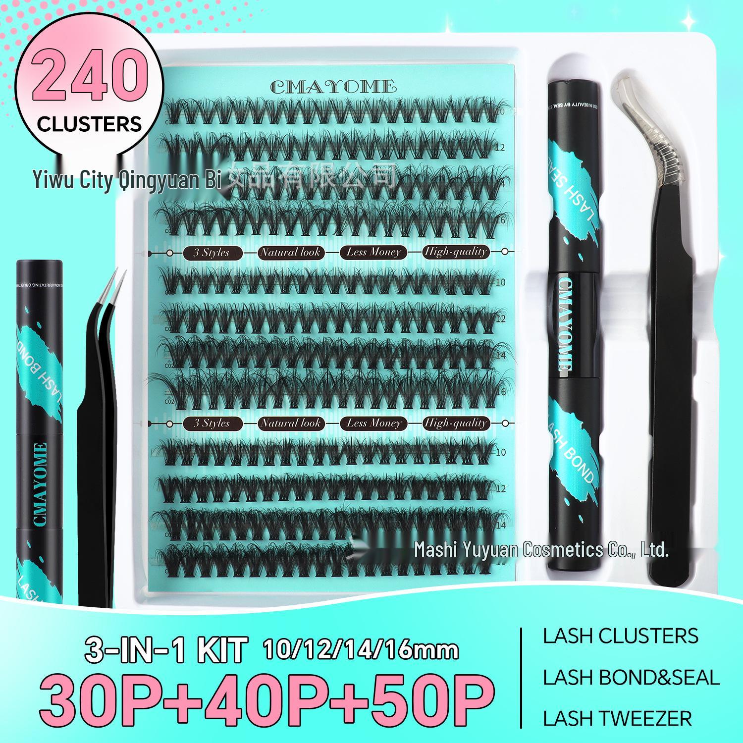Набор для самостоятельного наращивания сегментированных накладных ресниц 30-100D: 240 пучков, 10-16 мм, густые, изогнутые, отдельные ресницы