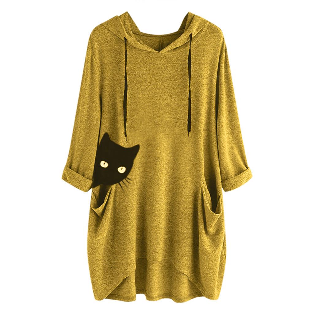 Dámské ležérní potisk kočičí ucho s kapucí s dlouhým rukávem, kapsa, nepravidelný top halenka