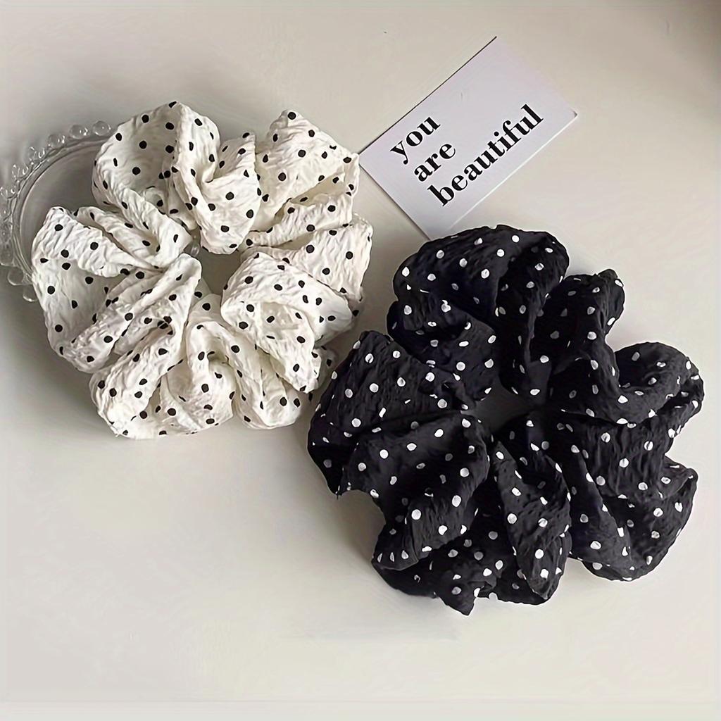 2pcs Black & Cream Polka Dot Scrunchies Hair Ties - Retro Minimalist Elastic Hair Accessories