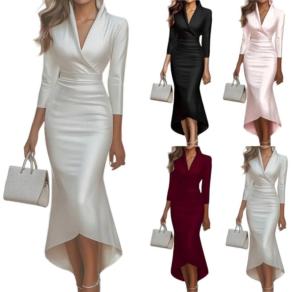 Women's Fashionable Elegant Solid-Colour Long-Sleeved V-Neck Satin Dress