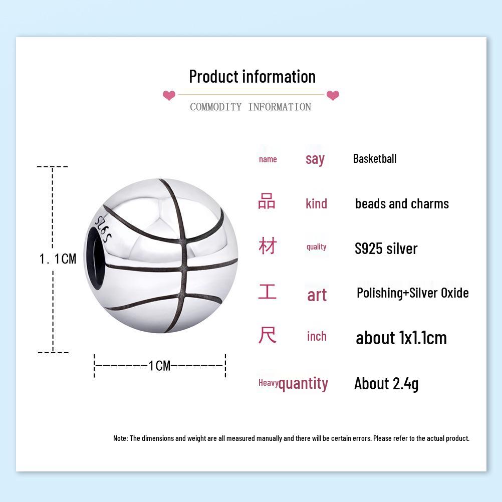 Cross-border Basketball Beads: Large Hole S925 Silver Bracelet Charms for DIY Jewelry.