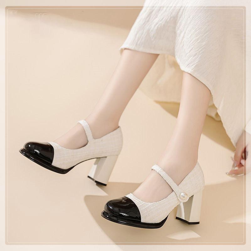 Square Head Spell One-word Buckle Belt Thick Heel Single Shoes Women's Fashion Retro Mary Jane High Heels Women's Spring and Autumn New Models