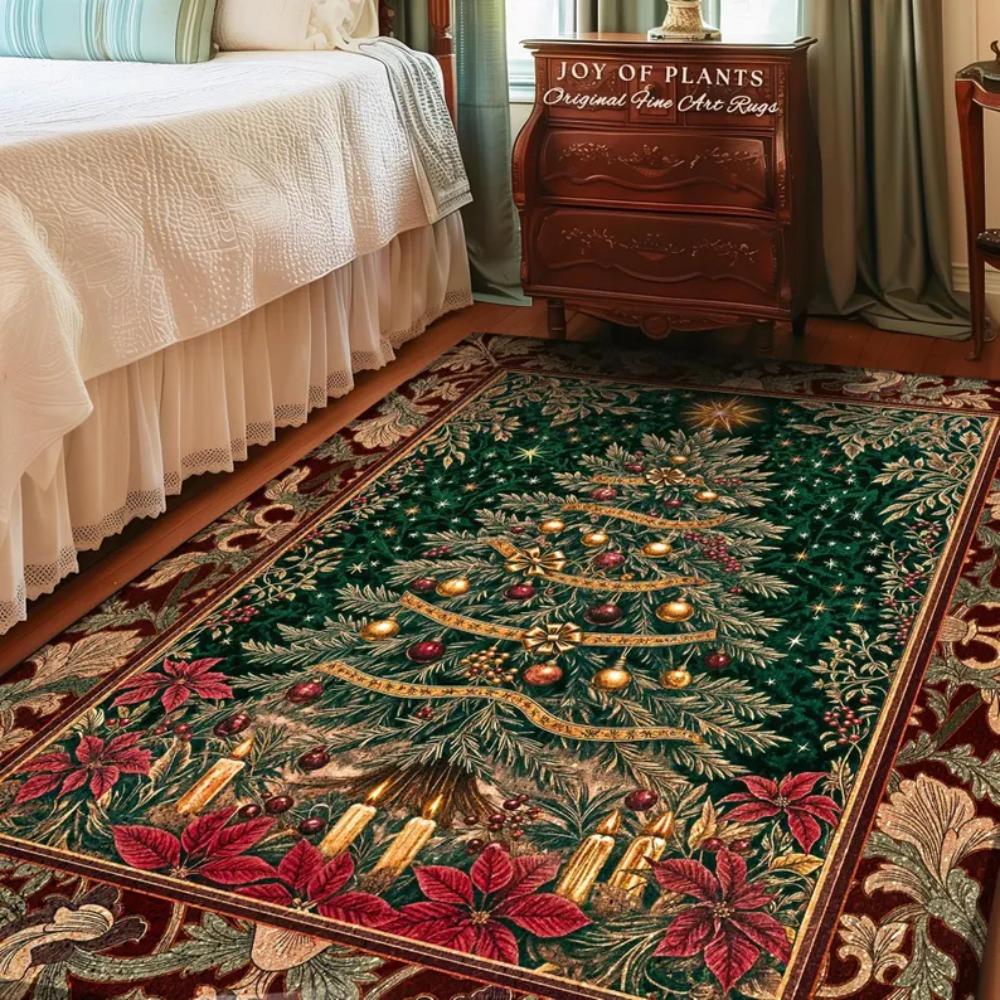 Christmas Tree Carpet Mat Rug with Poinsettia Gold Ornaments Gift Box Candy Cane Merry Christmas Home Decoration Bedroom Decor