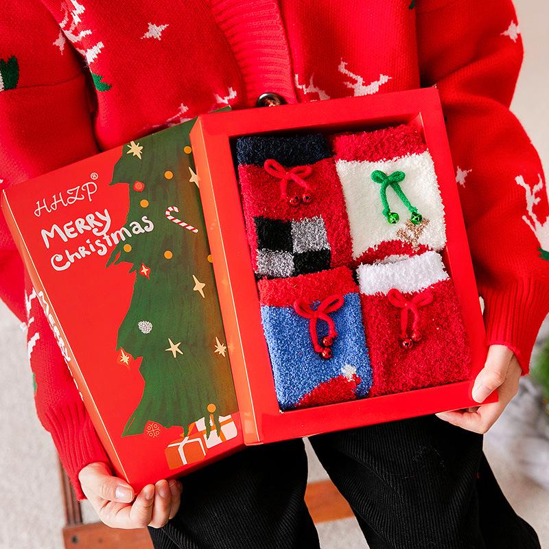 Cozy Coral Fleece Santa Socks with Bow & Bell - Mid-Calf Christmas Gift for Couples