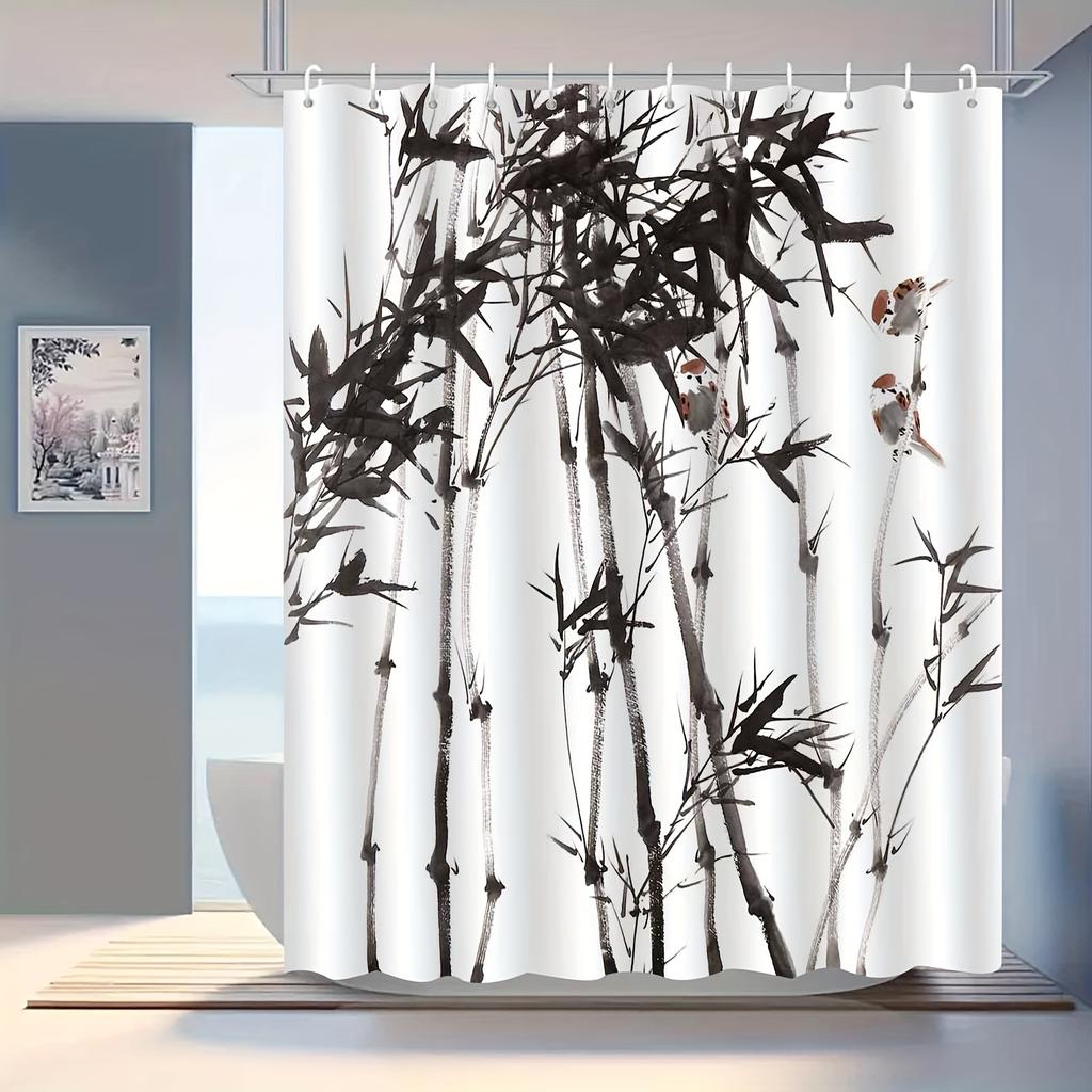1pc Chinese Zen Ink Bamboo Pattern Shower Curtain, Polyester Fabric, Machine Washable, Suitable for Bathroom Decoration
