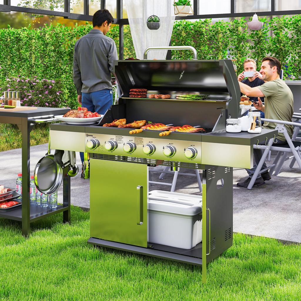 Gas Grill 8500BTU Grill Cart Incl. 6 Stainless Steel Burners, Thermometer, Pressure Regulator, 143 X 55 X 110 Cm, Silver