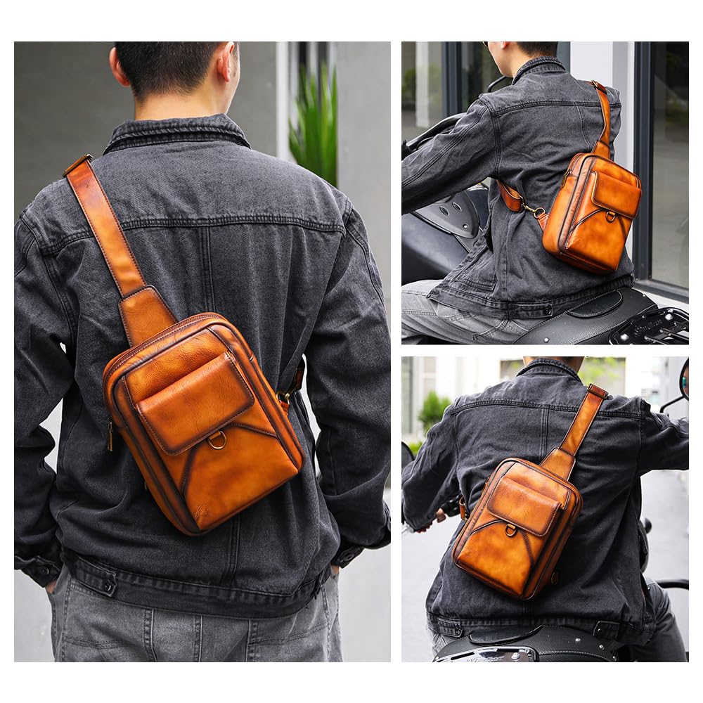 Whatna Antique-Style Tanned Natural Cowhide Leather One-Shoulder Bag for Men, 3-Way, Crossbody, Mini Body Bag, Chest Bag, Genuine Leather, Thick,