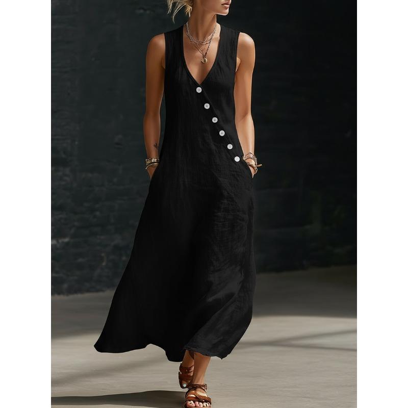 Women's V Neck Sleeveless Loose Fit Linen Maxi Dress Solid Color Side Button Casual Summer Vacation Long Dress