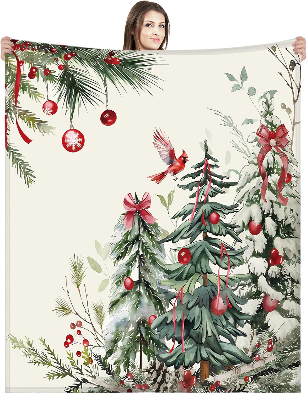 

Christmas Tree Blanket Christmas Balls Pine Needles Pine Cardinal Bird Fuzzy Plush Flannel Cozy Blanket Winter Holiday Decor for 75x90cm