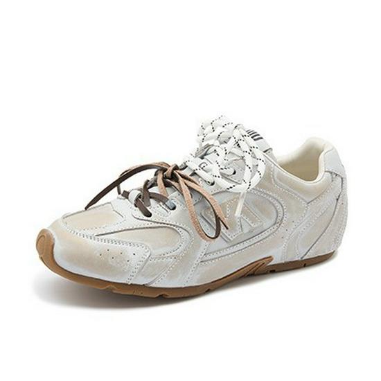 Women's Genuine Leather Retro Casual Sport Shoes with Two-Color Laces - Vintage Style Training Sneakers