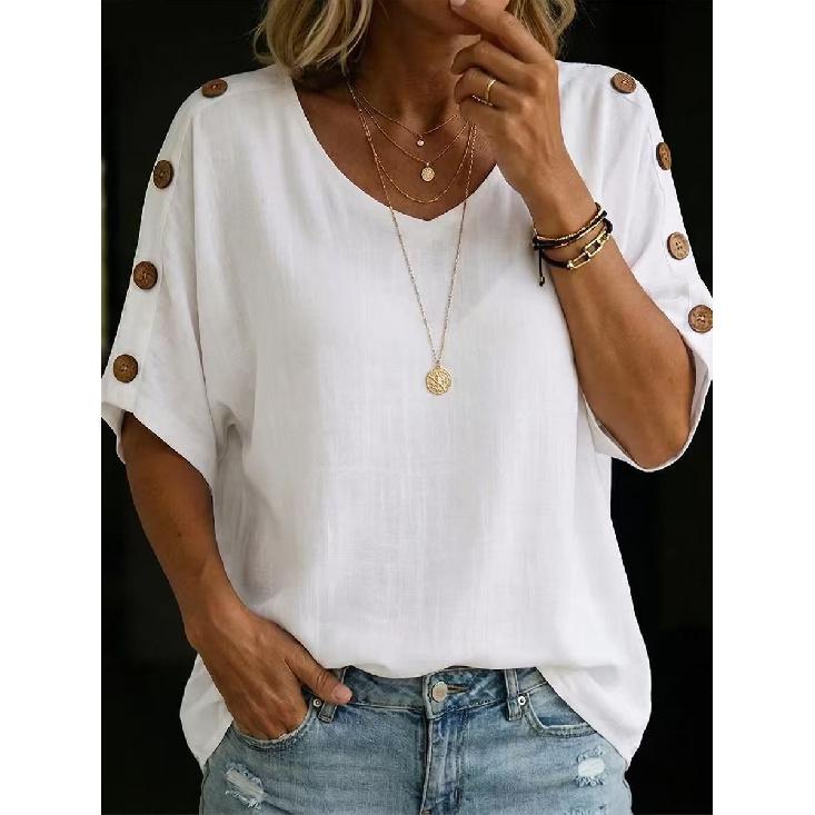 2026 New Women s Short-Sleeve Button Linen-Cotton Shirt Loose Casual Top S белый
