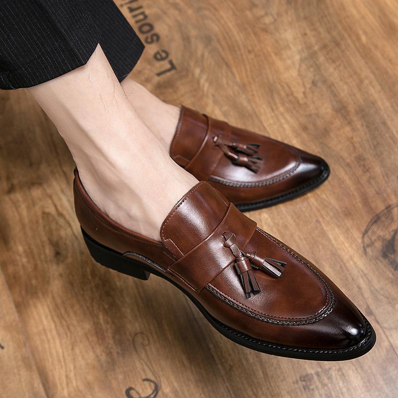 Men's Tassel Leather Loafers, Size 48 - British Style, Slip-on Pointed Toe, Casual Fashion Shoes