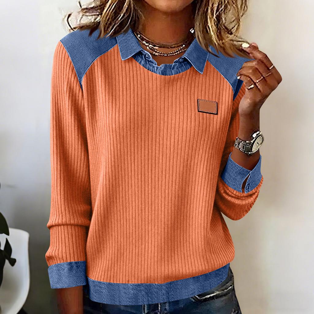 Women's Fashion Oversized Denim Collar Long-Sleeve Pullover Patchwork Knit Top