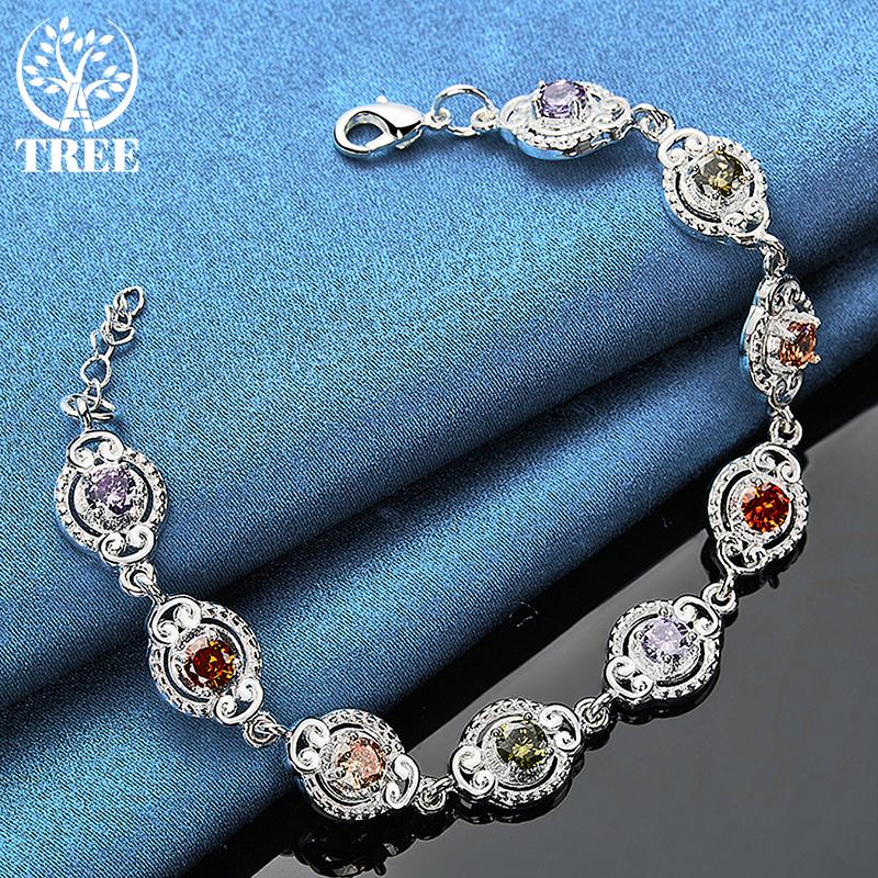 925 Sterling Silver Charm Purple Orange Red Green AAA Zircon Bracelet Jewelry
