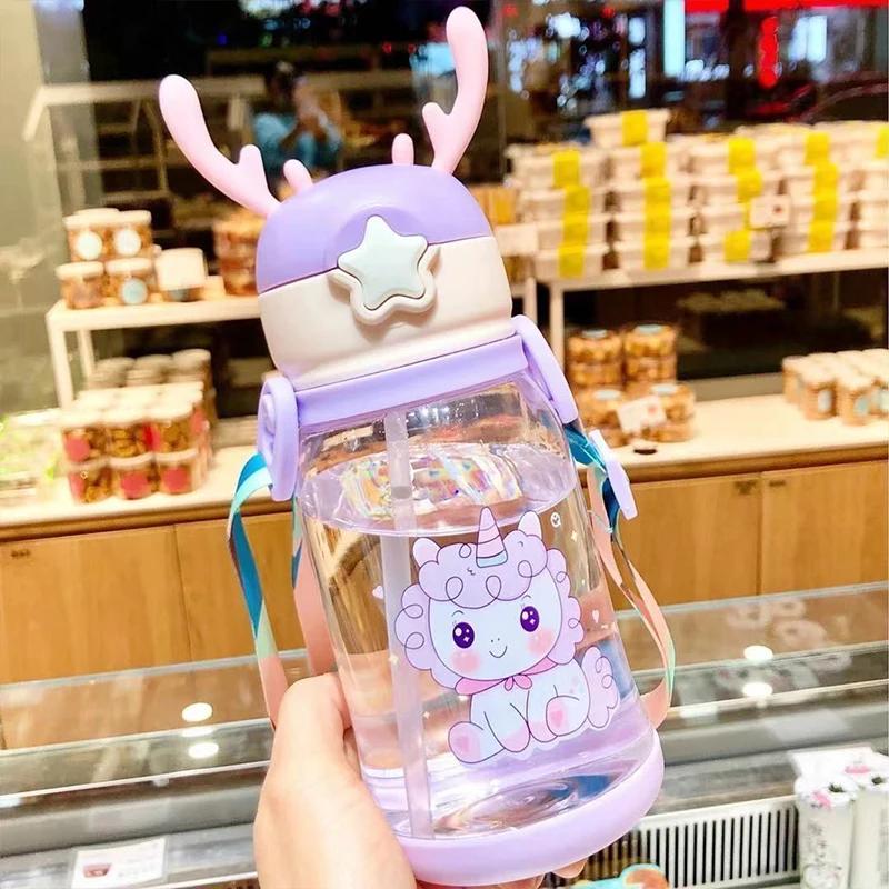 600ml Kids Water Sippy Cup Antler Creative Cartoon Baby Cups with Straws Leakproof Water Bottles Outdoor Childrens Cup