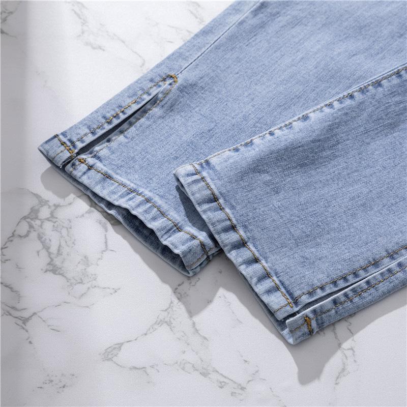 Women's Summer High Waist Light Blue Denim Jeans with Slit - Nine-Point Straight Leg Pants
