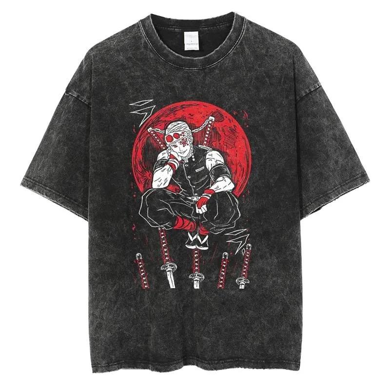 T-shirt Imprimé Anime Demon Slayer Rengoku Kyoujurou Hommes Femmes T-shirts Manga Vintage Lavé T-shirt Harajuku Manga Haut en Coton