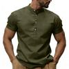 Herren Casual, Farbe V, Ausschnitt Kurz,ärmeliges T,shirt, Baumwoll-Leinen-Mischung Lässiges Oberteil Mit Dekorative Knöpfen.