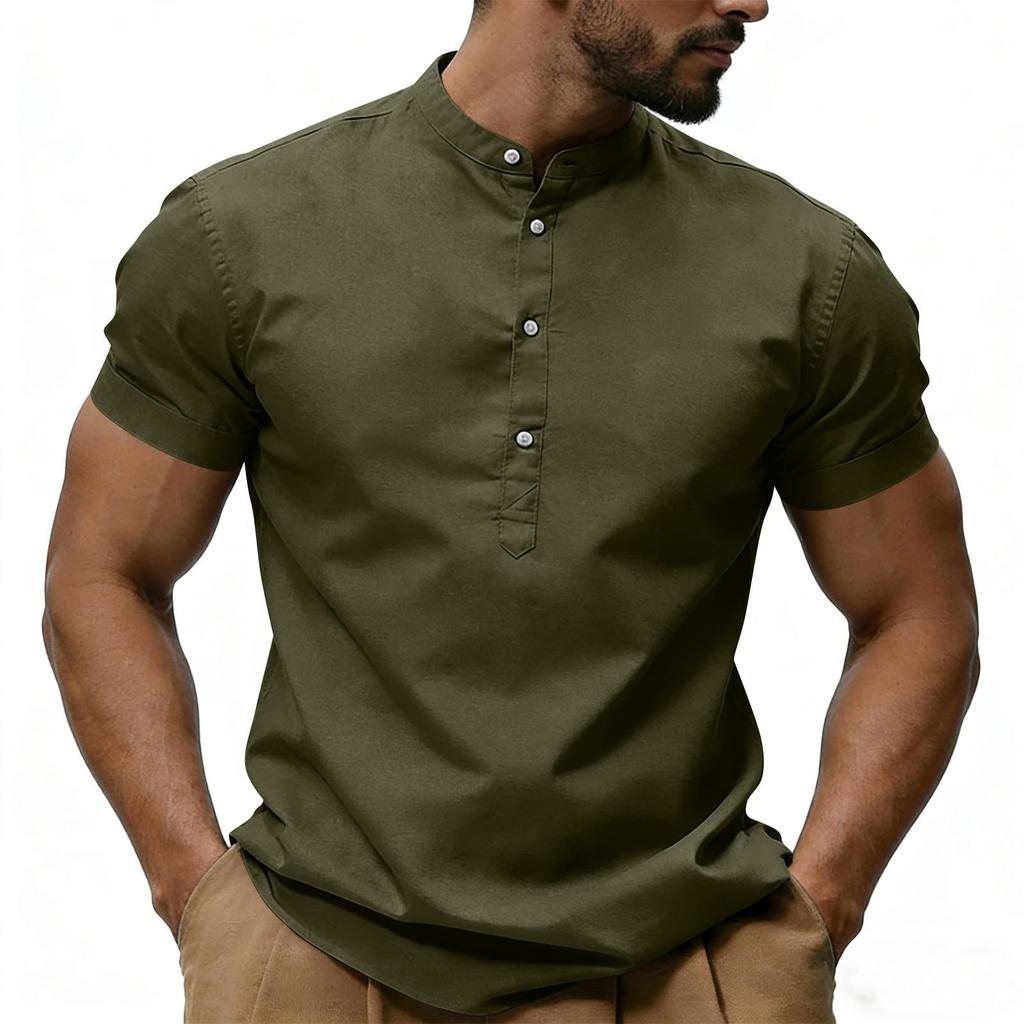 Herren Casual, Farbe V, Ausschnitt Kurz,ärmeliges T,shirt, Baumwoll-Leinen-Mischung Lässiges Oberteil Mit Dekorative Knöpfen.