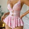 Sexy Crotchless Lingerie Women Lace Hollow Bodysuit Exotic Pajamas Teddy Babydoll Dress Deep V Open Bra Porno Underwear Set