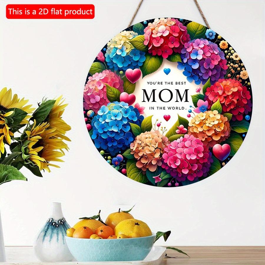 2D düz 20*20cm1 adet Dünyanın En İyi Annesi Retro Parlak Renkli Ortanca desenli yuvarlak ahşap tabela, Anneler Günü Temalı Anne için Hediye ahşap