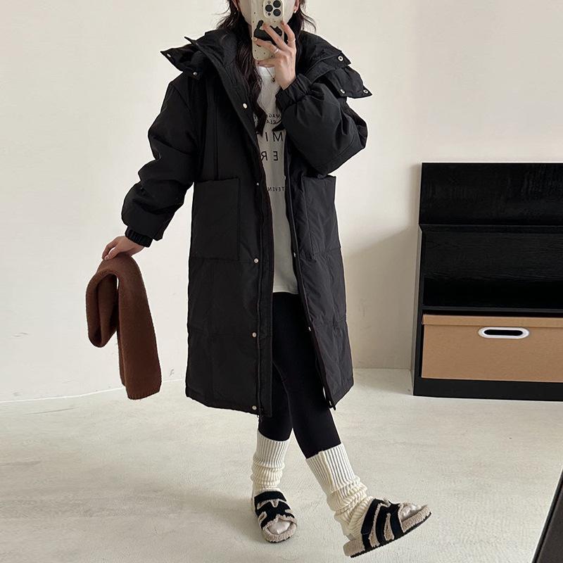 

Candy color white duck down jacket women s long model 2025 winter new model large pocket over knee hooded outer thermal cover large size M чорний