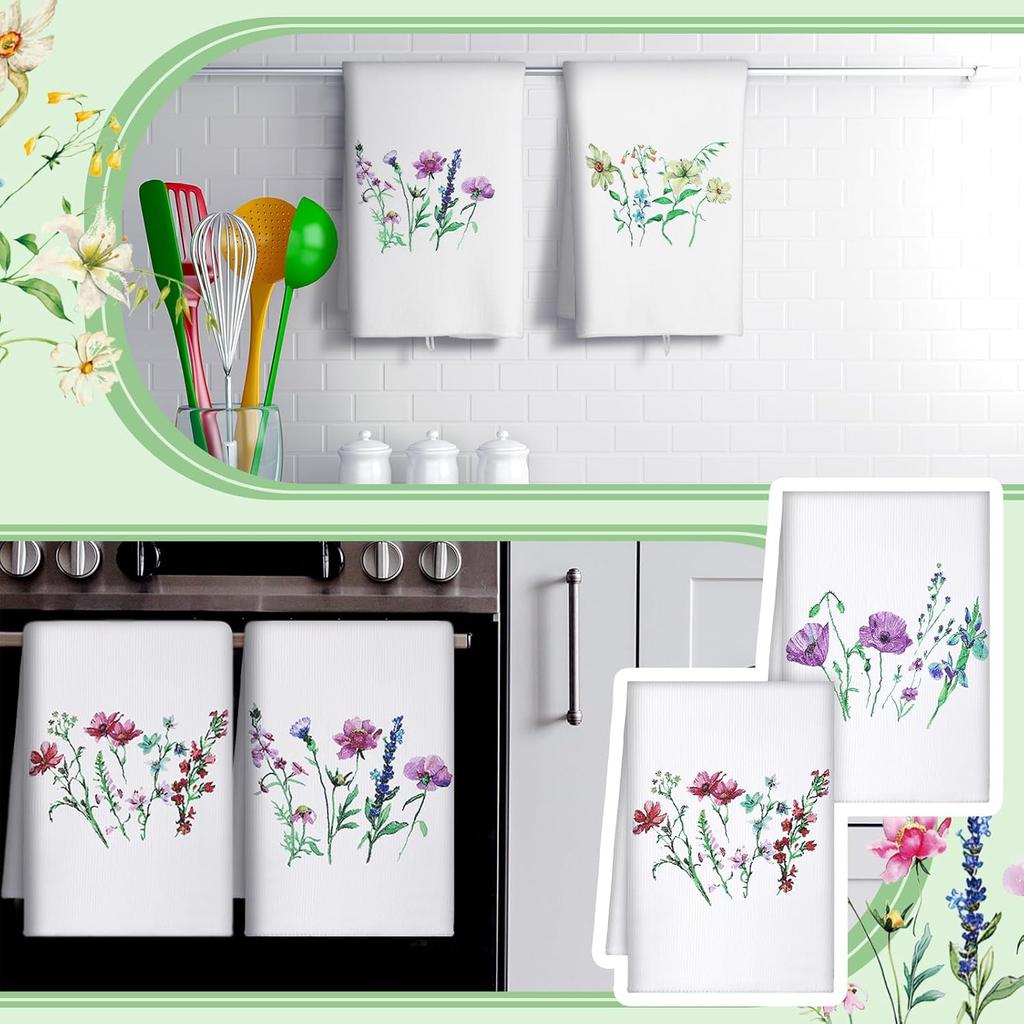 Bencailor 4 Pcs Floral Kitchen Towels Wildflower Print Flower Plants Embroidered Absorbent Dish Towels Housewarming Gift for Autumn Fall Bathroom