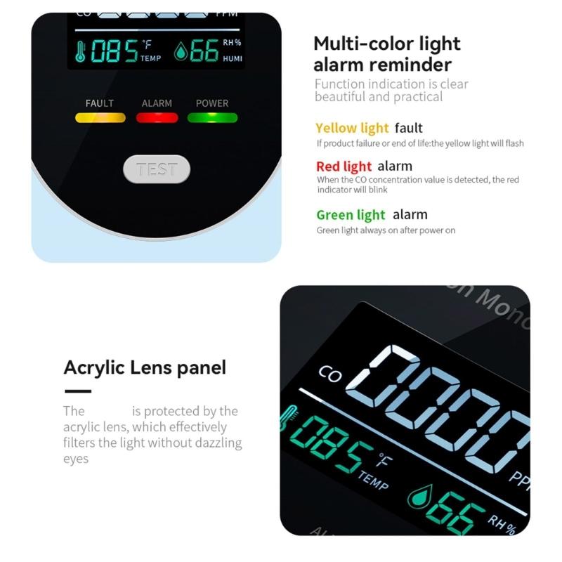 High Sensitivity Carbon Monoxide Alarm Integrated Temperature Moisture Sensors And 85dB Alerts System for Home Office