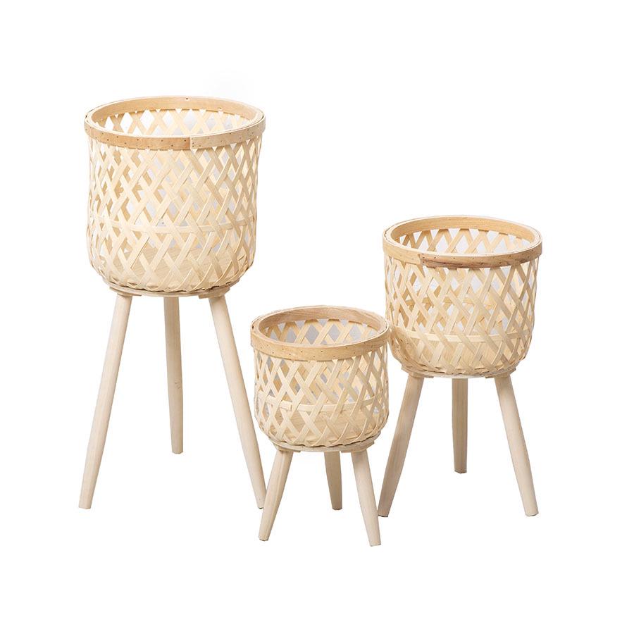 Nordic Rattan Woven Plant Stand - Handmade High-Leg Wooden Flower Pot for Indoor/ Balcony/ Living Room.