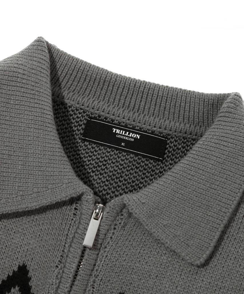 TRILLION Washable Nordic Jacquard Collar Neck 2-Way Zip-Up Knit [Gray]