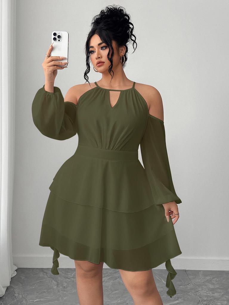 European & American Plus Size Off-the-Shoulder Ruffle Dress with Sweetheart Neckline and Lantern Sleeves