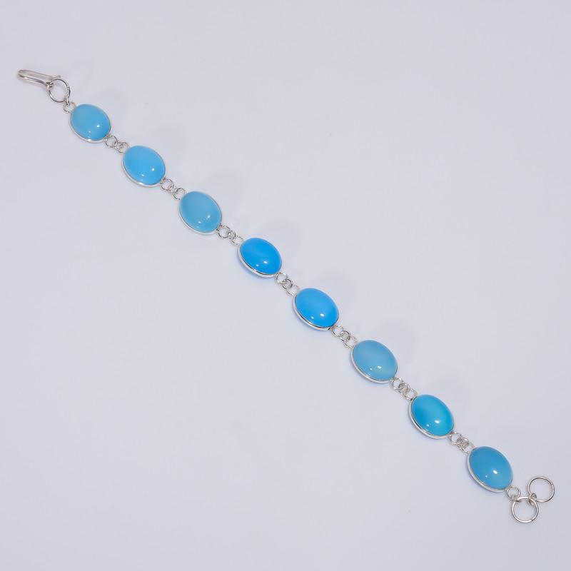Fabulous Top Grade Qualite 100% Natural Blue Chalcedony Oval Shape Ethnic Style Handmade Jewelry 925 Steling Silver Bracelet 9-10" WSJ-5205