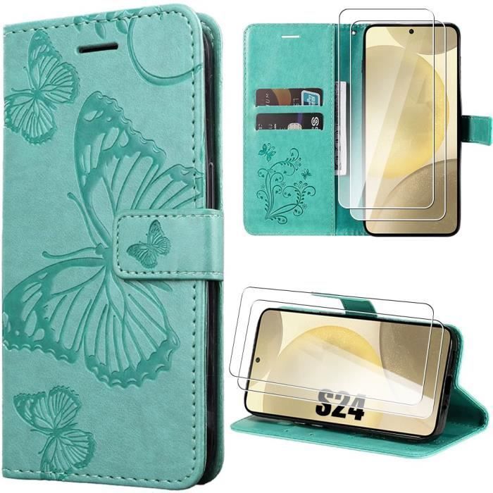 Coque de protection - BOOLING - pour Samsung Galaxy S24 - Vert - Motif Papillon - 2 Verres Trempés