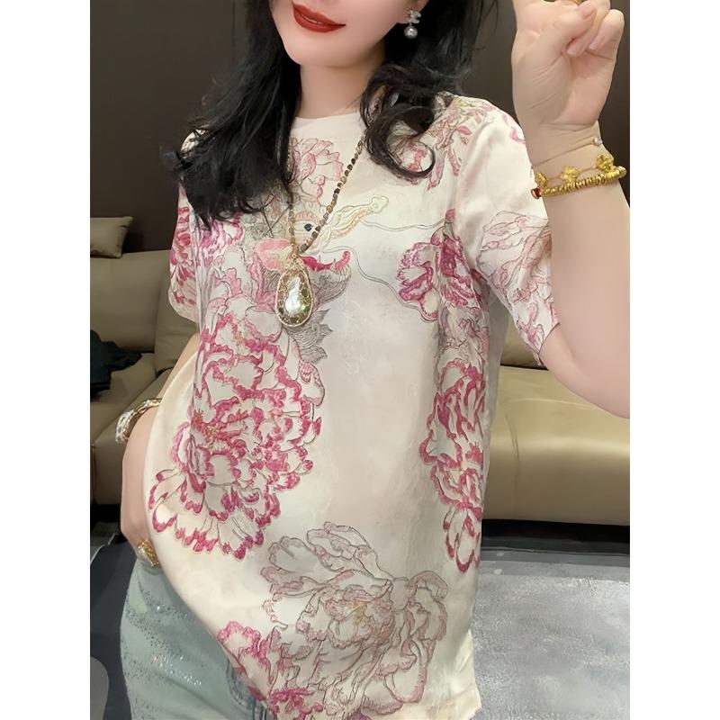 Chinese Style Chic Design Printed New Short-sleeved Tops Women Versatile Loose Round Neck T-shirts