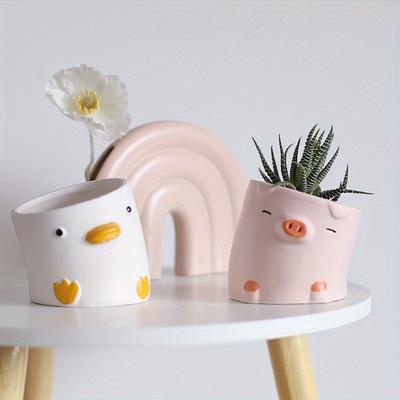 Søt tegneseriedyr and og gris keramisk blomsterpotte kreativ skjev skrivebordsbalkong sukkulent planting blomsterpotte dekorasjon