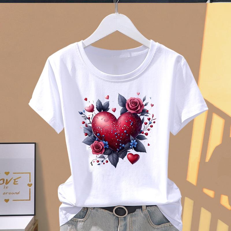 (Asian Size) lovely flower cute Print O-neck Short Sleeve T-shirts Fashion Female Casual Women's Top T Clothing Graphic Tee