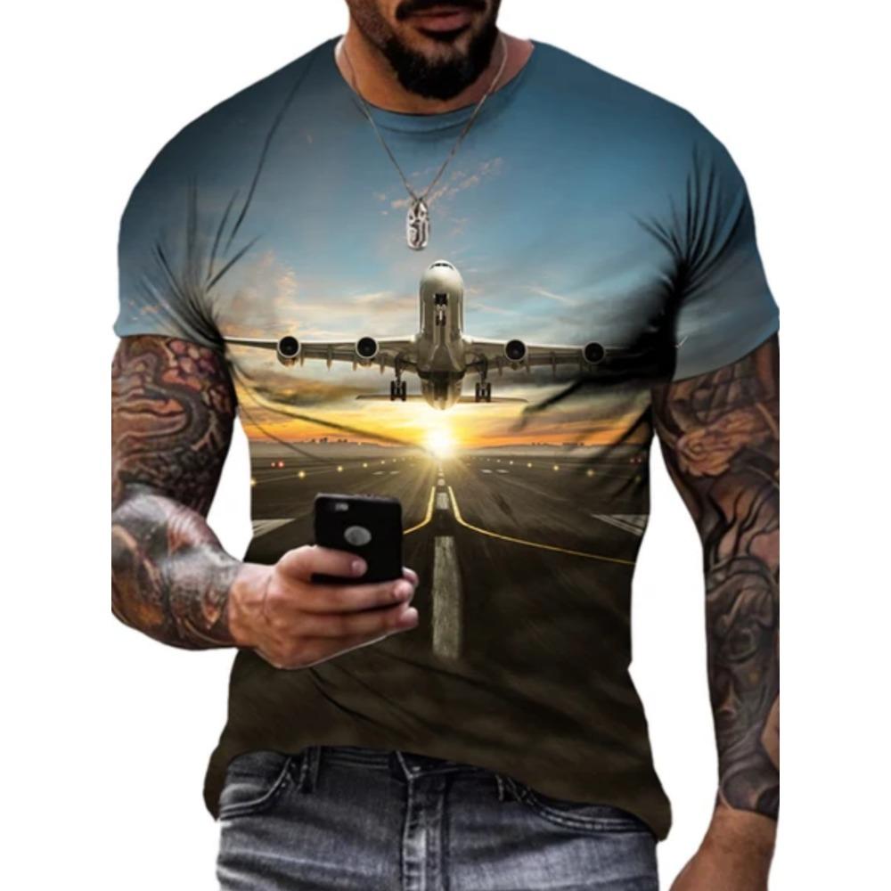 Simple Fashionable Airplane Graphic 3d Printed T-shirts Men Summer Loose Comfortable Plus Size Short Sleeved T-shirts