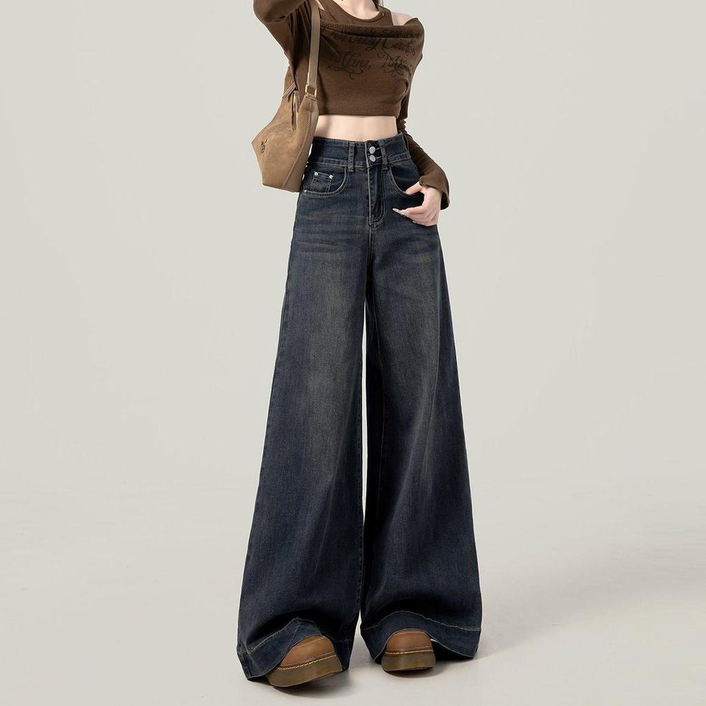 Women's Retro High-Waisted Bell Bottom Jeans, Petite, Wide-Leg, Floor-Length, Spring/Autumn 2024