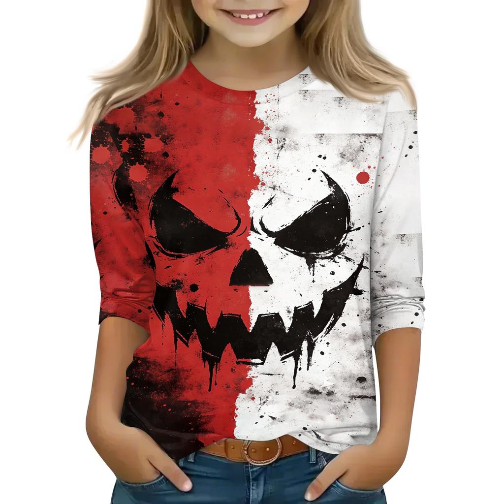 Children's Three-Quarter Sleeve Neck Top with Halloween Print for Everyday Casual Wear