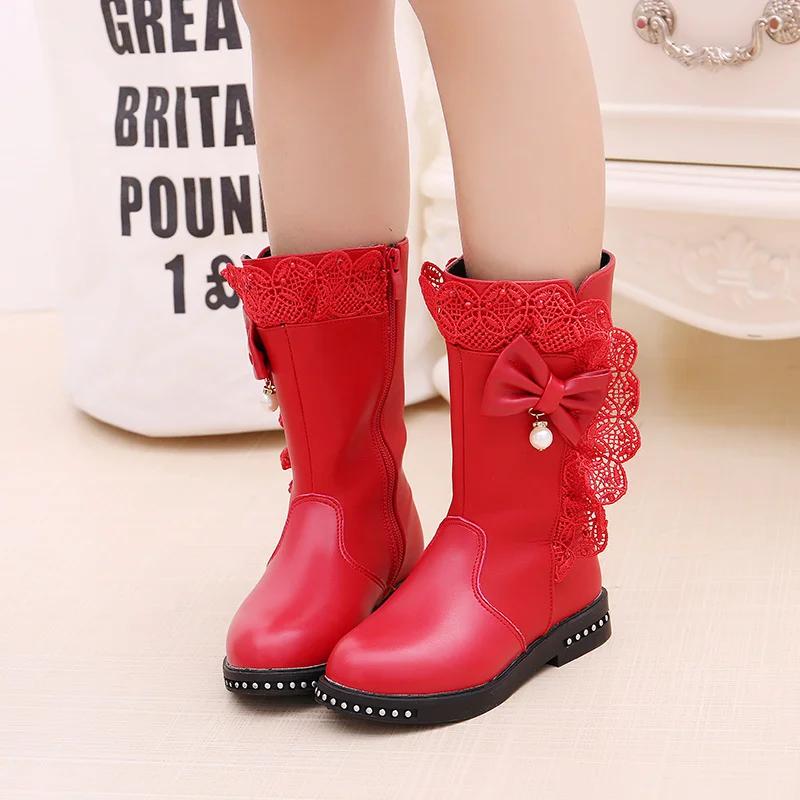 Baby Girls Comfortable Casual Plus Velvet Bow Beaded Lace Warm ZIP Autumn/winter Round Head Daily Kids Mid-calf Children's Boots
