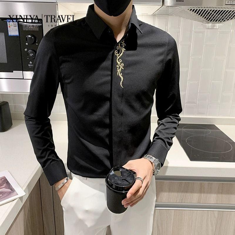 Jaro Podzim Pánské Dlouhý Rukáv Slim Účes Všestranný Osobní Ins Výšivka Trendy Ležérní Módní Pěkná Košile